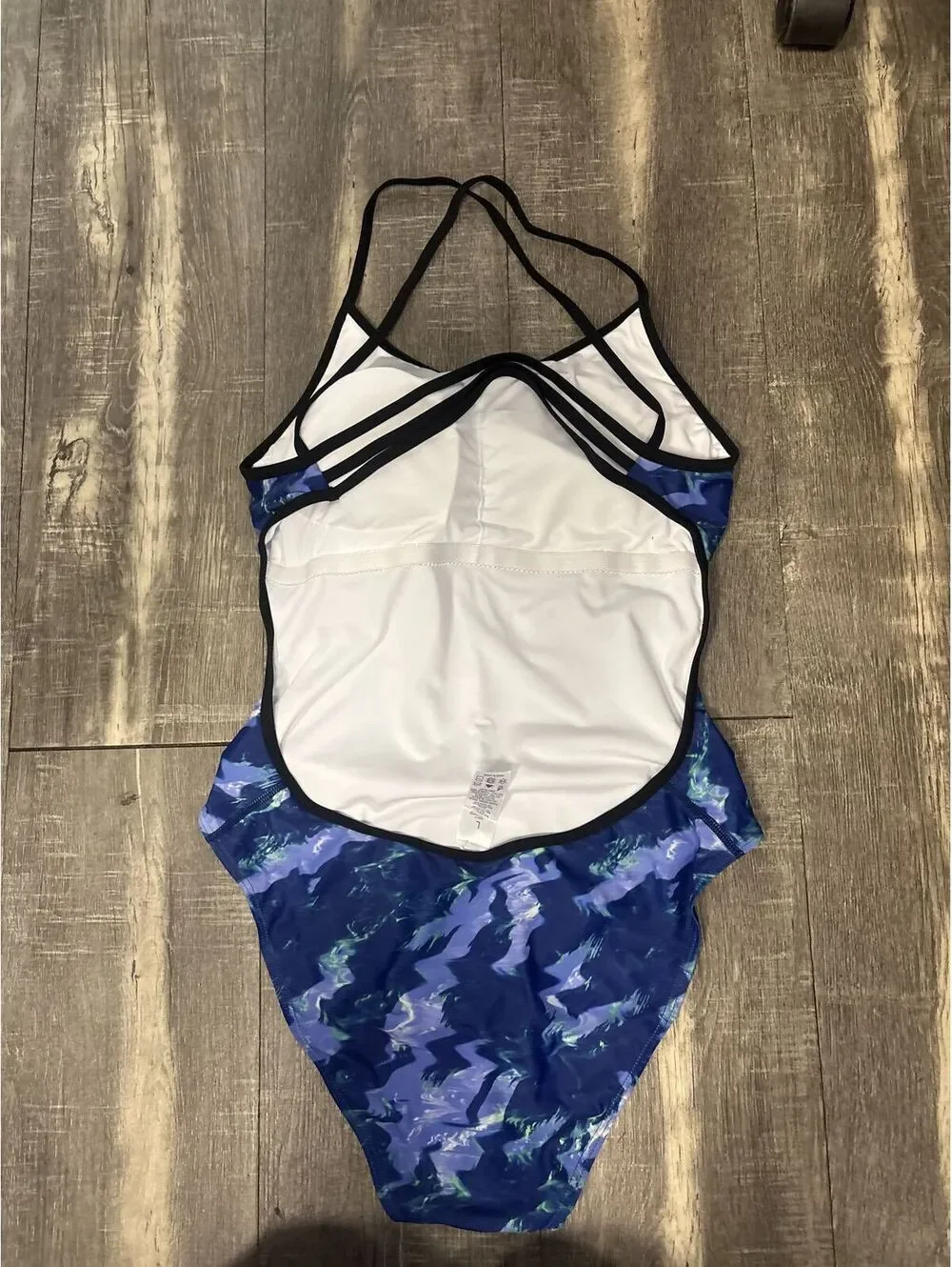 Women's Blue Abstract Print One Piece Swimsuit Strappy Back Large NEW